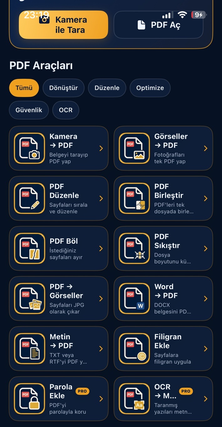 PDF Cepte mobil uygulamasının araçlar ekranı